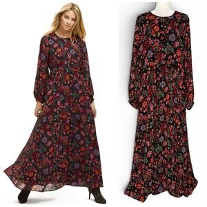 Floral Maxi Dress 2XL Cottagecore Peasant Folklore Semi Sheer Long Sleeve Lined